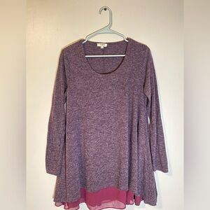 Umgee USA Layered Chiffon Hem Tunic Long Sleeve Mauve Plum Size M